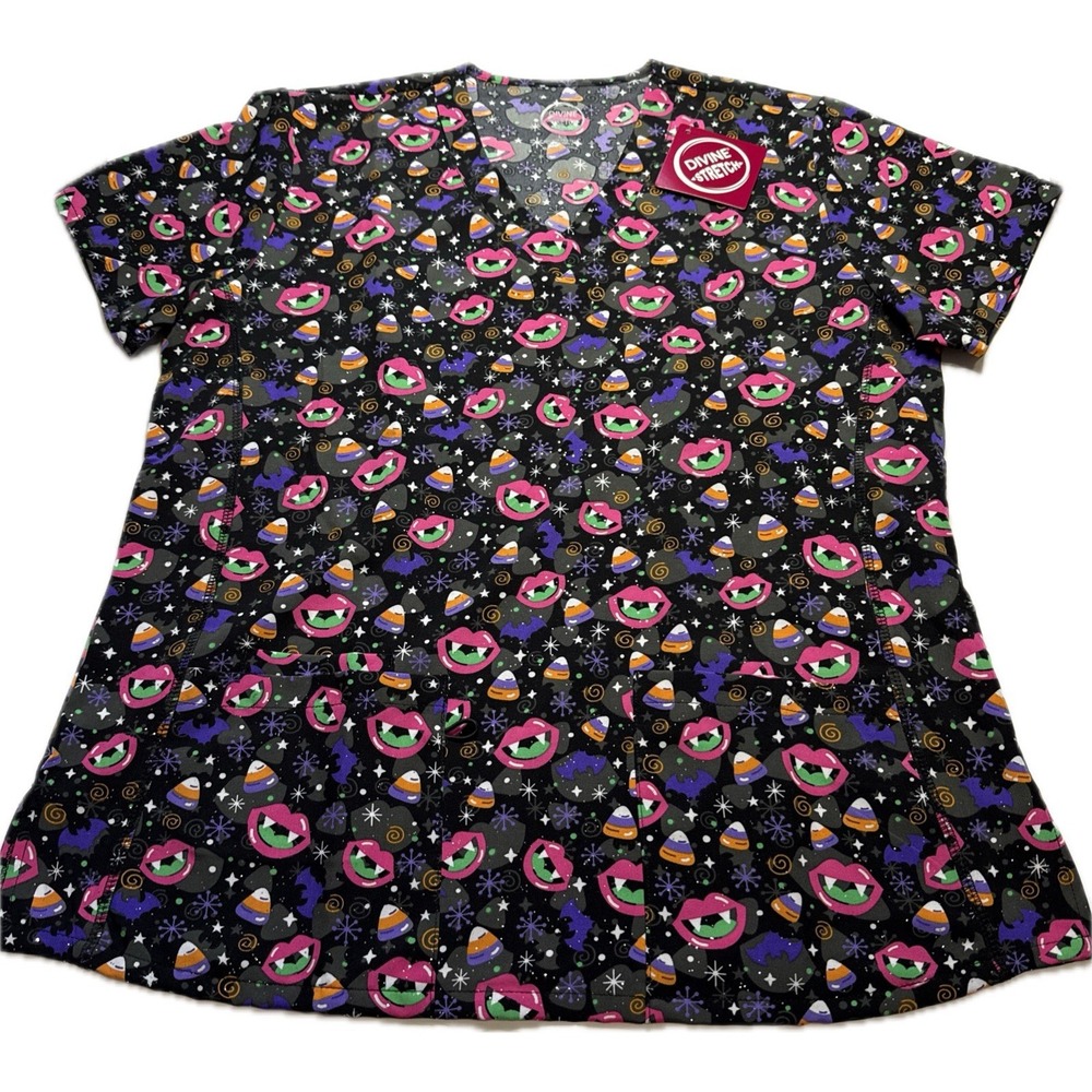 Divine Stretch Halloween Scrub Top Womens Large‎ Candy Vampire Bats NWT